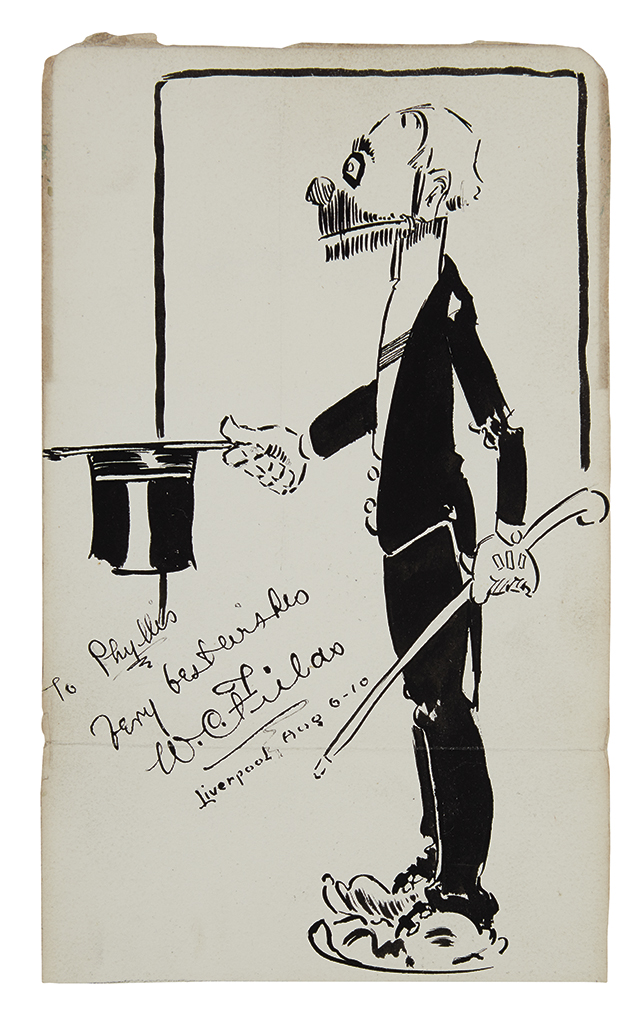 FIELDS, W.C. Ink drawing Signed and Inscribed, To Phyllis / Very best wishes, self-caricature, showing him as a clown